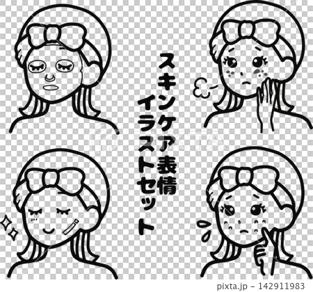 A set of illustrations (4 patterns) of a woman's facial expressions while doing skincare. A set of illustrations (4 patterns) of a woman's facial expressions while doing skincare. 142911983