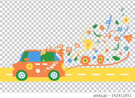 汽車行駛，空中飄揚著鮮花。 142912051