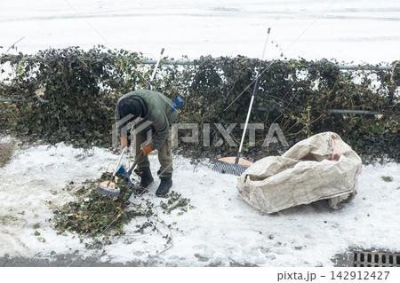 A worker clears debris and dead ivy vines from a snowy street corner using a rake and shovel, embodying seasonal maintenance and groundskeeping services during a cold winter period A worker clears debris and dead ivy vines from a snowy street corner using a rake and shovel, embodying seasonal maintenance and groundskeeping services during a cold winter period 142912427