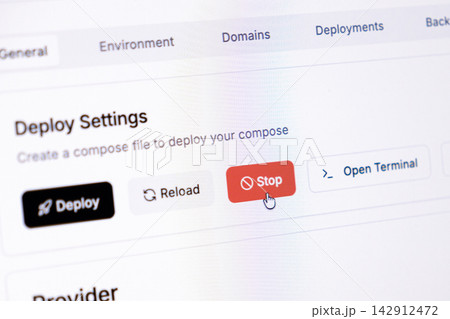 A computer mouse cursor hovering over a red stop button in a web dashboard interface, illustrating process control and task management in a modern professional software development site A computer mouse cursor hovering over a red stop button in a web dashboard interface, illustrating process control and task management in a modern professional software development site 142912472