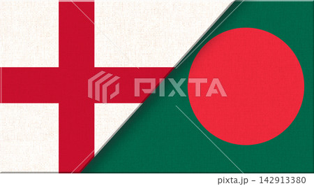 Double flag of England and Bangladesh on fabric texture - 3D illustration Double flag of England and Bangladesh on fabric texture - 3D illustration 142913380