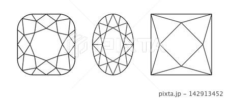 Diamond Angular Cushion, Princess, Oval cut shapes. Design diagram. Set of Brilliant Oval, Princess, Angular Cushion cuts patterns. Precious gemstone outline icons for jewellery design, branding, logo 142913452