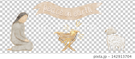 Watercolor nativity scene with Mary kneeling beside a manger, white lamb, framed by a warm cloud-white banner reading Peace on earth, star, perfect for Christmas cards, devotionals, and seasonal decor Watercolor nativity scene with Mary kneeling beside a manger, white lamb, framed by a warm cloud-white banner reading Peace on earth, star, perfect for Christmas cards, devotionals, and seasonal decor 142913704