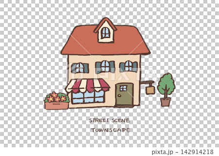 赤い屋根のかわいい街のお店のイラスト｜店舗 家 花壇 オーニング 街並み 142914218