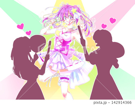 歌って踊るアイドルとうちわとサイリウムを持つシルエットの女性2人 ピンク色 ライト 歌って踊るアイドルとうちわとサイリウムを持つシルエットの女性2人 ピンク色 ライト 142914366