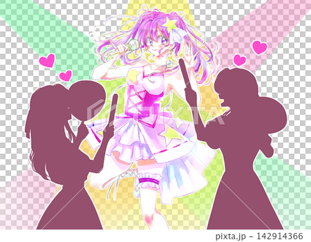 歌って踊るアイドルとうちわとサイリウムを持つシルエットの女性2人 ピンク色 ライト 歌って踊るアイドルとうちわとサイリウムを持つシルエットの女性2人 ピンク色 ライト 142914366