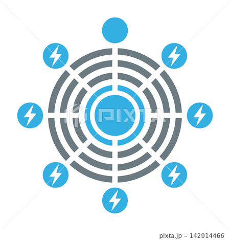 Electricity symbol grid with lightning bolts around blue circle energy hub Electricity symbol grid with lightning bolts around blue circle energy hub 142914466