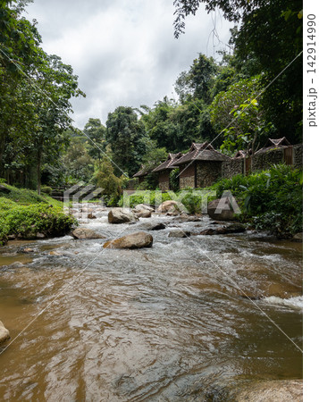 Tropical Stream Flowing Past Eco Resort Cabins 142914990