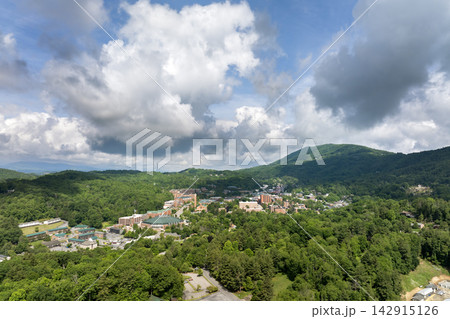Boone, North Carolina. Historical American town in Appalachian Blue Ridge Mountains. Old townscape architecture in Watauga County, USA. Streets and historic buildings from above Boone, North Carolina. Historical American town in Appalachian Blue Ridge Mountains. Old townscape architecture in Watauga County, USA. Streets and historic buildings from above 142915126