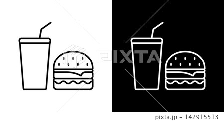Burger And Drink Line Icon Set. Fast Food Meal, Quick Service Dining, And Takeaway Beverage Outline Symbol Collection. Perfect For Restaurant Menus And Food Delivery Apps. Isolated Vector Illustration 142915513