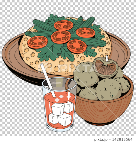 This digital illustration features a stylized meal with a topped flatbread, a bowl of textured morsels, and an iced beverage This digital illustration features a stylized meal with a topped flatbread, a bowl of textured morsels, and an iced beverage 142915564