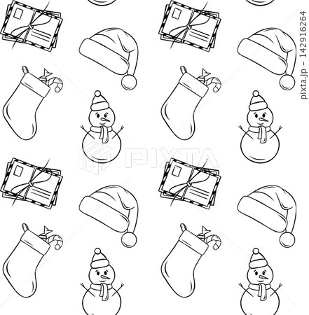 Seamless doodle pattern of Christmas sweets, drinks, toys and presents. Monochrome vector illustration for holiday packaging, stickers and promotional flyers 142916264