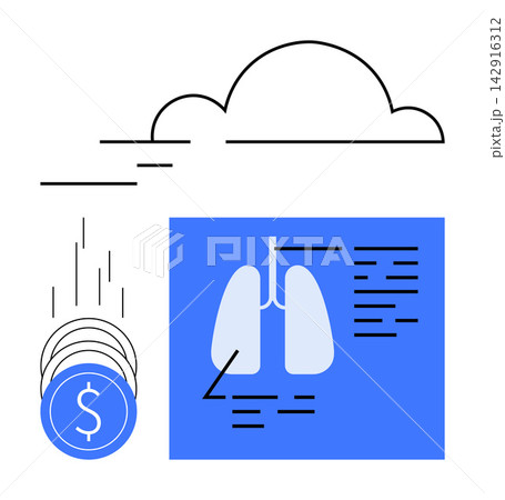 Healthcare management, medical diagnostics, telemedicine, cloud computing, financial analysis, cost efficiency. A lung diagram beside cloud and coins. Medical diagnostics and telemedicine concept Healthcare management, medical diagnostics, telemedicine, cloud computing, financial analysis, cost efficiency. A lung diagram beside cloud and coins. Medical diagnostics and telemedicine concept 142916312