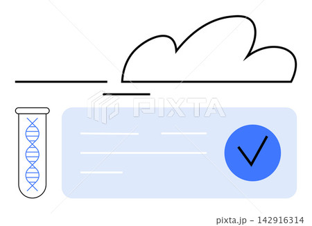Biotechnology, DNA storage, cloud technology, data verification, genetic research, tech innovation. Test tube with DNA strand, cloud icon and verification symbol. Biotechnology and DNA storage Biotechnology, DNA storage, cloud technology, data verification, genetic research, tech innovation. Test tube with DNA strand, cloud icon and verification symbol. Biotechnology and DNA storage 142916314
