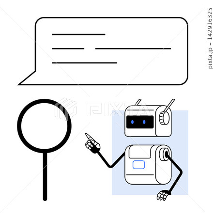 Artificial intelligence, chatbot interaction, virtual assistants, information retrieval, machine learning, automation. Robot gesturing with a speech bubble and magnifying glass. Artificial 142916325