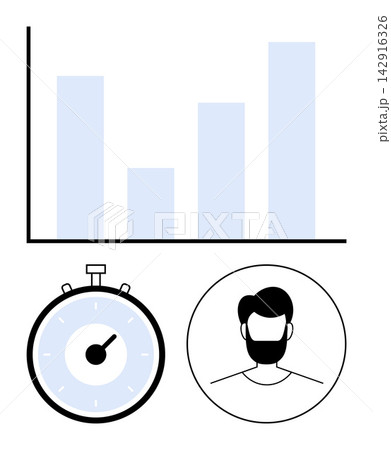 Business monitoring, productivity tools, time tracking, performance evaluation, work efficiency, human resources. Iconic graph, clock and person avatar composition. Business monitoring 142916326