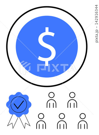 Finance, business certification, team management, trusted transactions, economic goals, quality assurance. Dollar sign in a circle, verified badge small group icons. Finance and certification 142916344