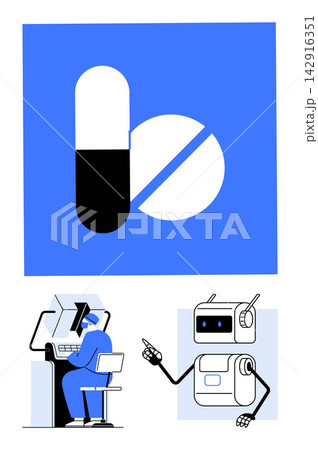 Healthcare technology, automation, robotics, digital operations, AI tools, pharmaceutical advancements. Blue background with a pill, a robot and a person at a computer. Healthcare technology 142916351