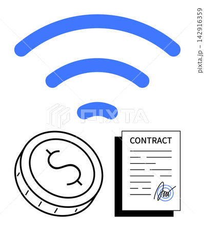 Finance, legal services, digital payments, wireless technology, remote agreements, online contracts. Coin symbol, wireless signal and a signed contract. Finance and legal services concept Finance, legal services, digital payments, wireless technology, remote agreements, online contracts. Coin symbol, wireless signal and a signed contract. Finance and legal services concept 142916359