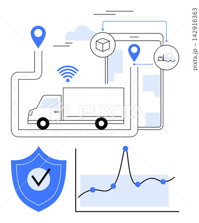 Supply chain, logistics, transportation, data analysis, delivery tracking, fleet management. A truck on a digital map with route, shield and chart icons. Supply chain and logistics concepts 142916363