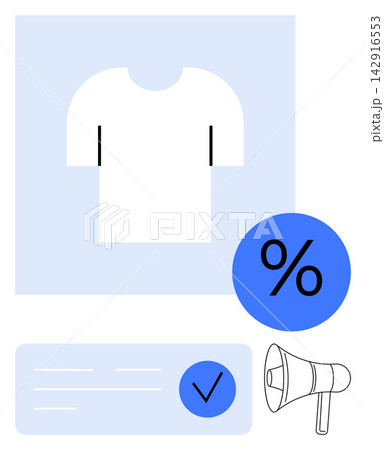 E-commerce, online shopping, fashion deals, discount promotions, marketing, sales. White shirt, percentage sign checkmark and megaphone icons on a clean layout. E-commerce and fashion deals theme E-commerce, online shopping, fashion deals, discount promotions, marketing, sales. White shirt, percentage sign checkmark and megaphone icons on a clean layout. E-commerce and fashion deals theme 142916553