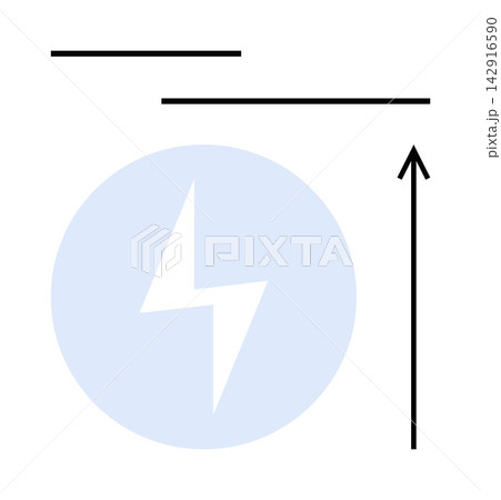 Direction, energy, simplicity, guidance, growth, movement. Black arrow pointing upward over a minimalist blue circle with a white lightning bolt. Growth and energy concept 142916590