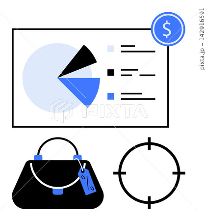 E-commerce, sales analysis, market targeting, retail strategy, business insights, data visualization. Pie chart, price tag on handbag and crosshair targets. E-commerce and sales analysis concept E-commerce, sales analysis, market targeting, retail strategy, business insights, data visualization. Pie chart, price tag on handbag and crosshair targets. E-commerce and sales analysis concept 142916591