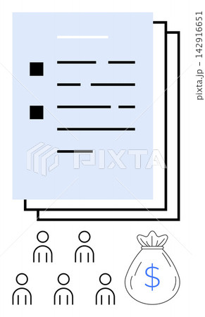 Budgeting, business strategy, team collaboration, financial planning, resource management, project funding. Documents, team icons and a money bag. Financial planning and budgeting concept 142916651