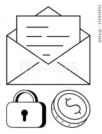 Secure messaging, financial security, data privacy, electronic mail, online transactions, payment protection. Open envelope with a letter, padlock and coin. Data privacy and financial security Secure messaging, financial security, data privacy, electronic mail, online transactions, payment protection. Open envelope with a letter, padlock and coin. Data privacy and financial security 142916652