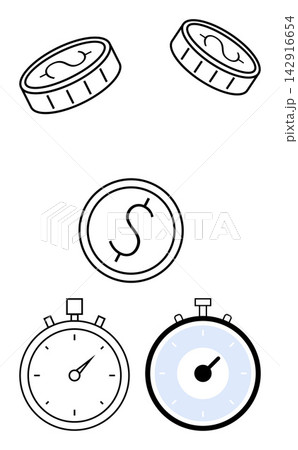 Financial planning, time management, economic efficiency, productivity, investment, budgeting. Coins and stopwatches on a white background. Financial planning and time management concepts 142916654