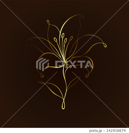 A golden flower drawn with a single line on a dark background. Hand-drawn. Not AI. Vector illustration. A golden flower drawn with a single line on a dark background. Hand-drawn. Not AI. Vector illustration. 142916674