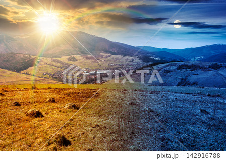mountainous rural landscape of ukraine on spring equinox. picturesque highland under epic sky. grassy meadow at twilight. carpathian countryside scenery with forest on a hill behind the pasture mountainous rural landscape of ukraine on spring equinox. picturesque highland under epic sky. grassy meadow at twilight. carpathian countryside scenery with forest on a hill behind the pasture 142916788
