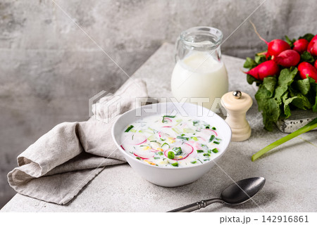 Okroshka, traditional summer cold soup 142916861