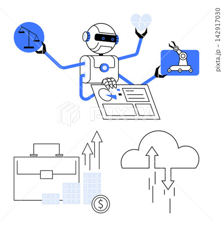 AI integration, automation technology, business growth, data visualization, cloud computing, ethical decision-making. Robot analyzing data, handling scales and managing tools. AI integration 142917030