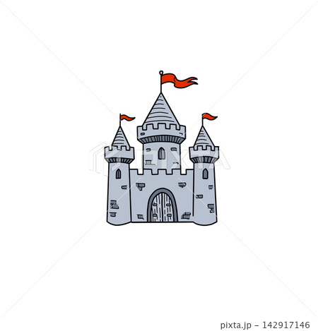 Fairy tale castle with three towers and flags, hand drawn medieval fortress sketch. Simple line art royal palace with arched gate and crenellations. Kingdom building doodle. Fairy tale castle with three towers and flags, hand drawn medieval fortress sketch. Simple line art royal palace with arched gate and crenellations. Kingdom building doodle. 142917146