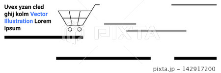 E-commerce, online shopping, retail branding, marketing, digital business, cart usage. Minimalist shopping cart surrounded by text elements and black lines. E-commerce and online shopping concept 142917200