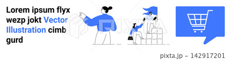 Online shopping, retail, customer support, logistics, e-commerce platforms, purchasing process. Cart icon, individuals shopping with products. Online shopping and retail theme Online shopping, retail, customer support, logistics, e-commerce platforms, purchasing process. Cart icon, individuals shopping with products. Online shopping and retail theme 142917201
