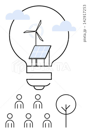 Renewable energy, clean technology, community engagement, sustainability, environmental conservation, innovation. Solar panel and wind turbine inside a light bulb. Renewable energy and clean Renewable energy, clean technology, community engagement, sustainability, environmental conservation, innovation. Solar panel and wind turbine inside a light bulb. Renewable energy and clean 142917253