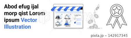 Online retail, e-commerce solutions, business rewards, store management, financial growth, monetary success. Website with products, medal and coins. E-commerce and business rewards concept Online retail, e-commerce solutions, business rewards, store management, financial growth, monetary success. Website with products, medal and coins. E-commerce and business rewards concept 142917345