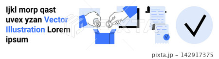 Financial exchanges, online transactions, digital signatures, documents, approval, verification process. Hands exchanging cryptocurrency, checklist and approval mark. Financial exchanges 142917375