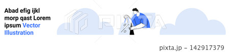 Data management, cloud storage, information security, data analysis, digital organization, user interaction. Person interacting with cloud shapes and data. Data management and cloud storage concept 142917379