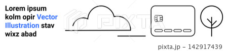 Technology, nature, eco-friendly living, simplicity, digital design, connectivity. Minimalist line art of a cloud, card icon and tree. Technology and nature concepts expressed in modern design 142917439