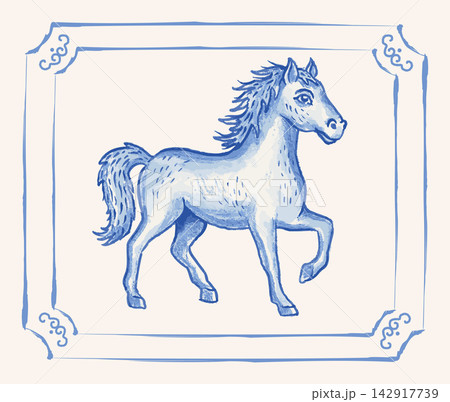 Vector vintage watercolor illustration of horse in Asian for Chinese new year 2026. Vector illustration of horse in watercolor style. 142917739