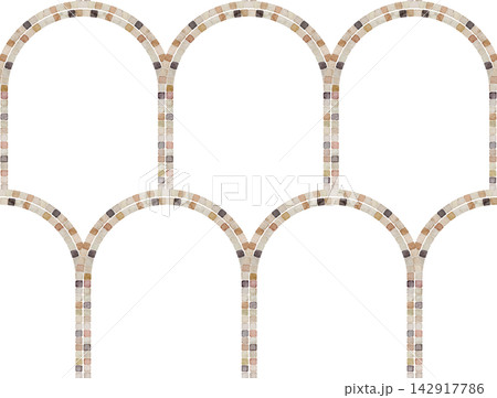 Roman Arcade seamless Pattern with repeating rounded Arches outlined in mosaic stone tesserae. Watercolor architectural ornament for Mediterranean wallpaper, textile and surface design. Roman Arcade seamless Pattern with repeating rounded Arches outlined in mosaic stone tesserae. Watercolor architectural ornament for Mediterranean wallpaper, textile and surface design. 142917786