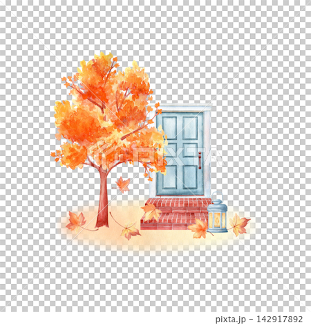 Cozy blue front door with brick steps, glowing lantern, orange maple tree and falling leaves watercolor autumn isolated illustration. Hand drawn cozy seasonal clipart for Thanksgiving, card and design 142917892