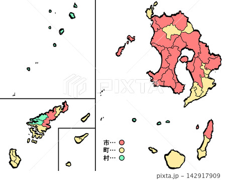 鹿児島県地図 市町村カラー (筆タッチ) 和風 鹿児島県地図 市町村カラー (筆タッチ) 和風 142917909
