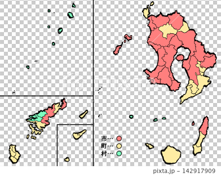 鹿児島県地図 市町村カラー (筆タッチ) 和風 鹿児島県地図 市町村カラー (筆タッチ) 和風 142917909