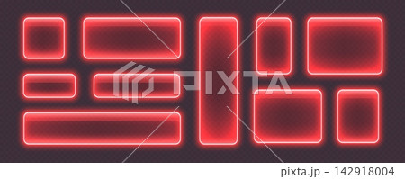 Glossy neon buttons, glowing glass banners in red color. Glossy neon buttons, glowing glass banners in red color. 142918004