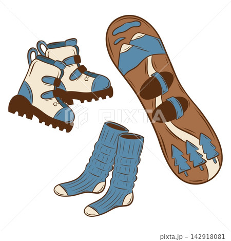 Vector set of winter sports gear with snowboard, boots and warm socks Vector set of winter sports gear with snowboard, boots and warm socks 142918081
