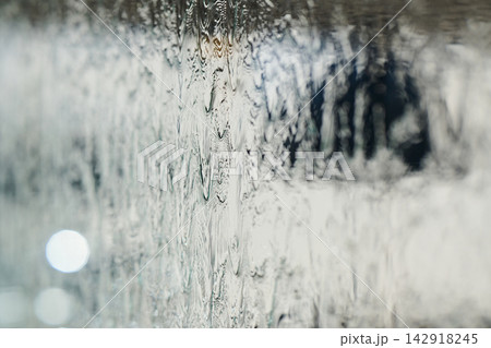 Abstract Water Texture On Glass With Bokeh Blur, Raindrops And Soft Monochrome Reflections Abstract Water Texture On Glass With Bokeh Blur, Raindrops And Soft Monochrome Reflections 142918245